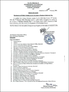 Pakistan Declares Public Holiday on February 5, 2026 for Kashmir Day